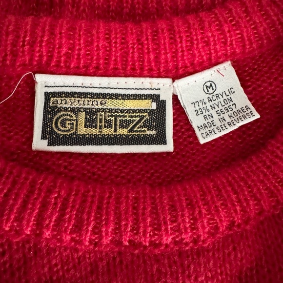 GLITZ by UNIT (Vtg)Red Knit Abstract Sequin 80s Geometric Beads Sweater-Size Med - Picture 3 of 6